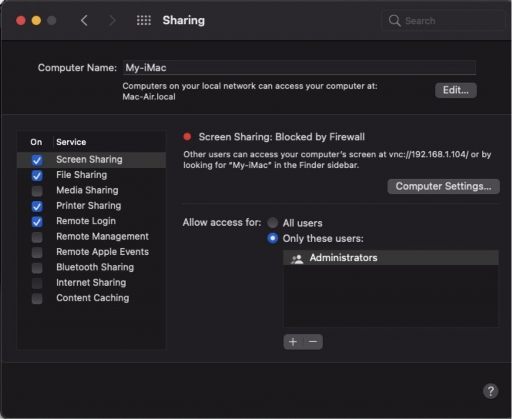 Sharing pane in macOS System preferences with Computer Name and Local Hostname.