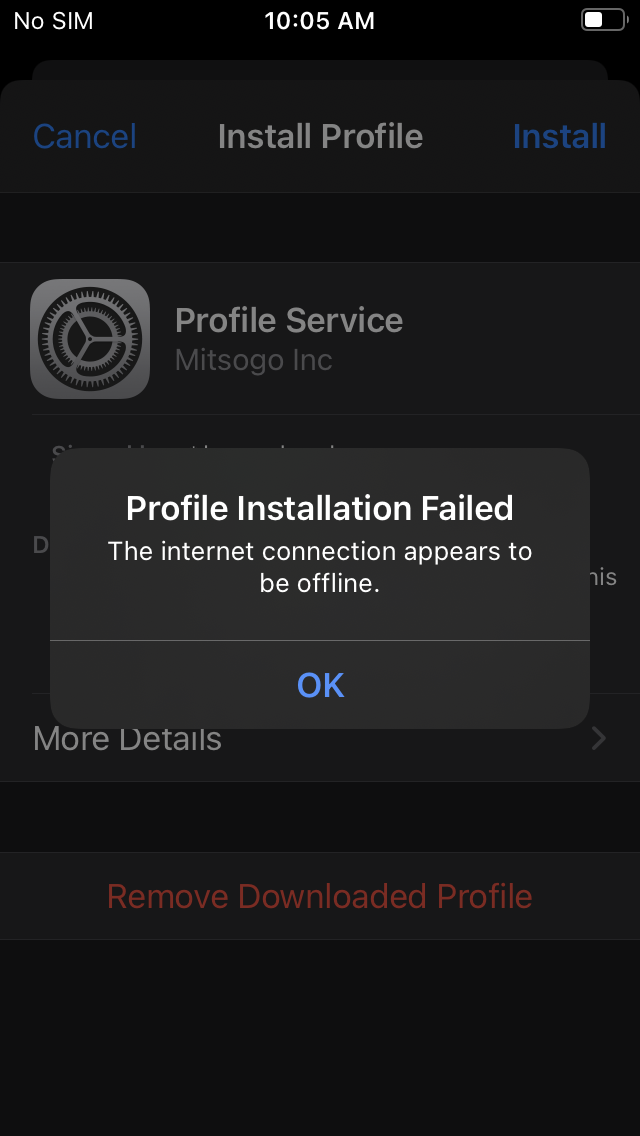 This error message is displayed when the device is not connected to the internet. 
