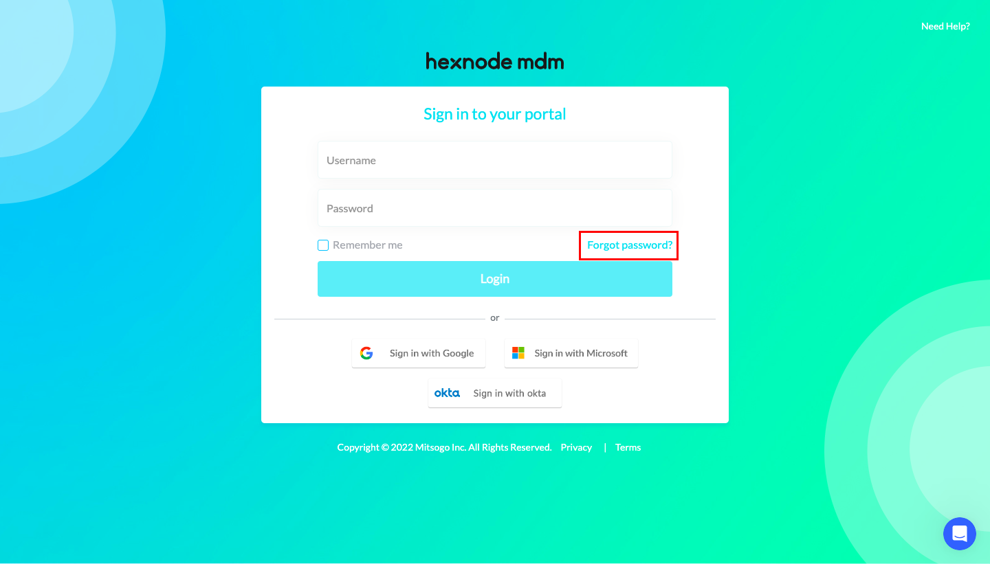 Forgot password option on Hexnode portal login
