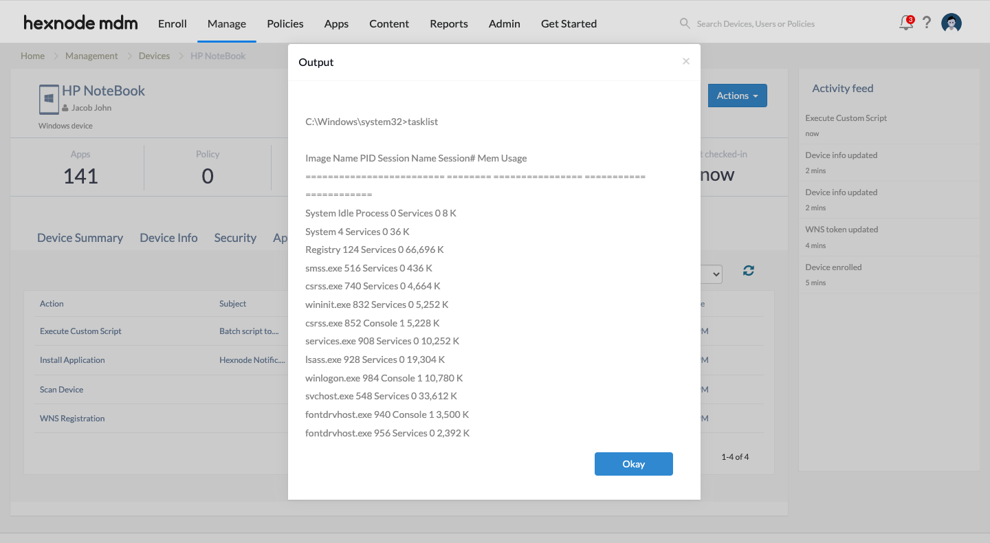 Table of running processes on Windows device