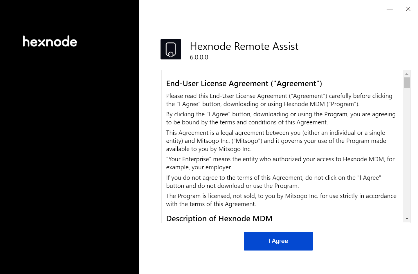 Agree the EULA terms and conditions for the Hexnode Remote Assist app