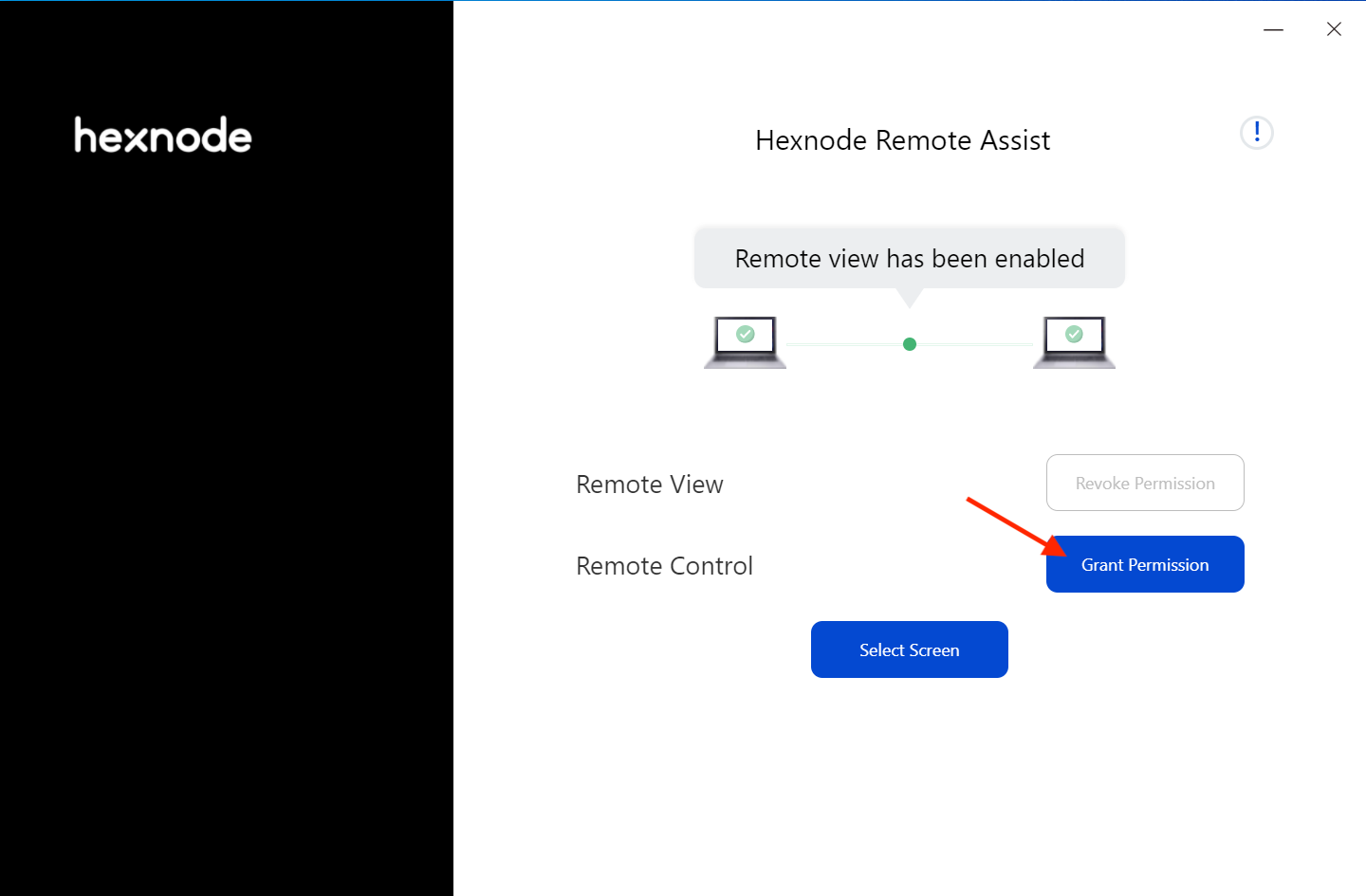 Grant permission for a remote control session on Hexnode Remote Assist app