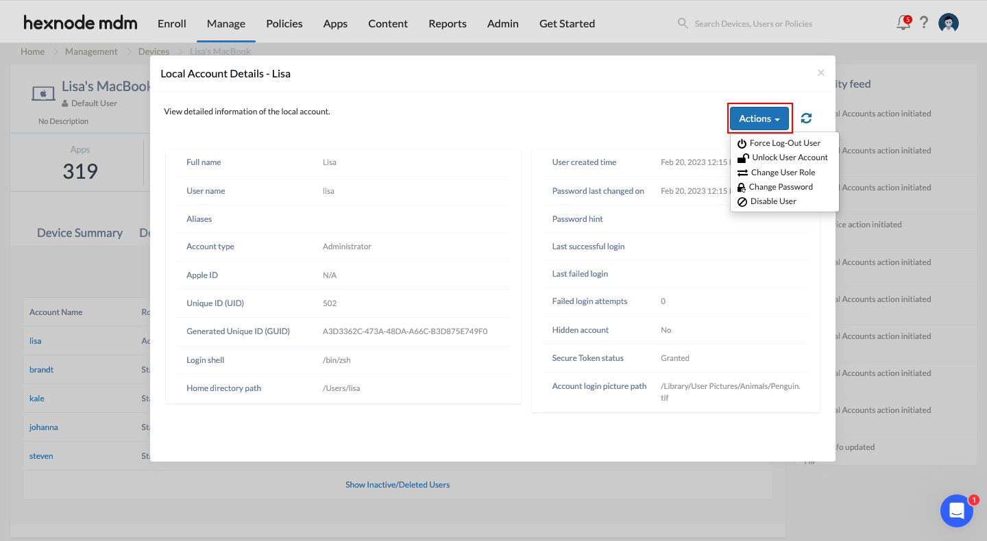 Actions drop down in Local Account Details page Local Account Details page for user account