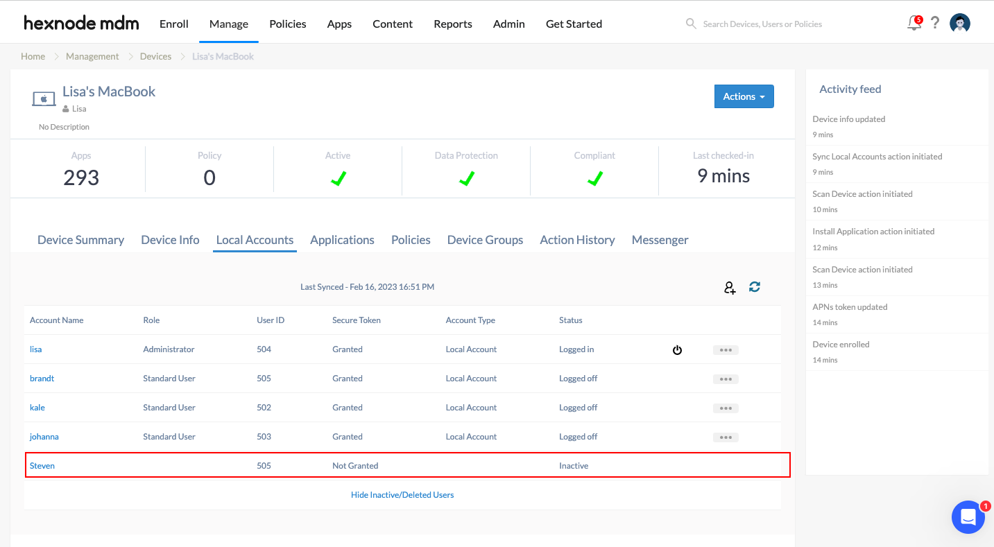 View Inactive:Deleted user accounts Show Inactive/Deleted Users in Local Accounts sub tab