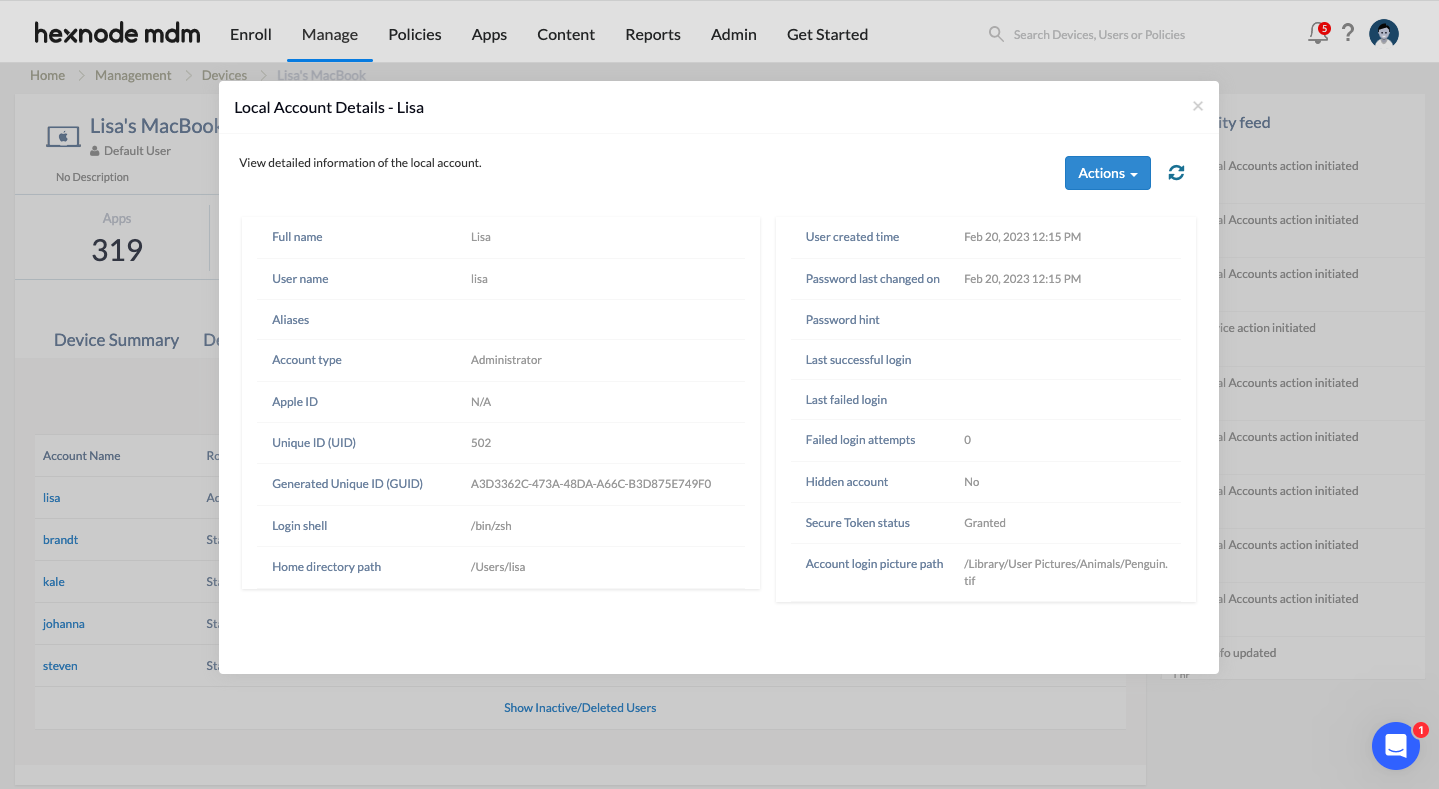 View Local Account Details of each user account Local Account Details page for user account