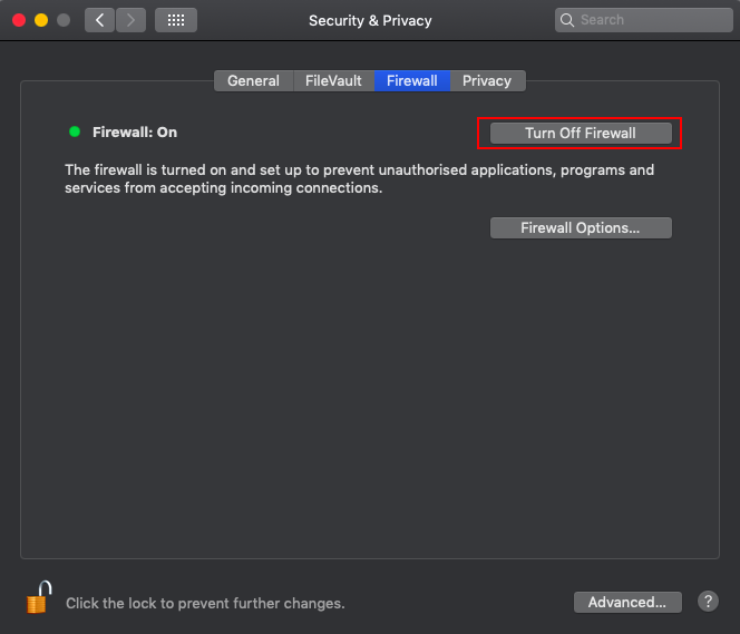 Turn off Firewall from System Preferences.