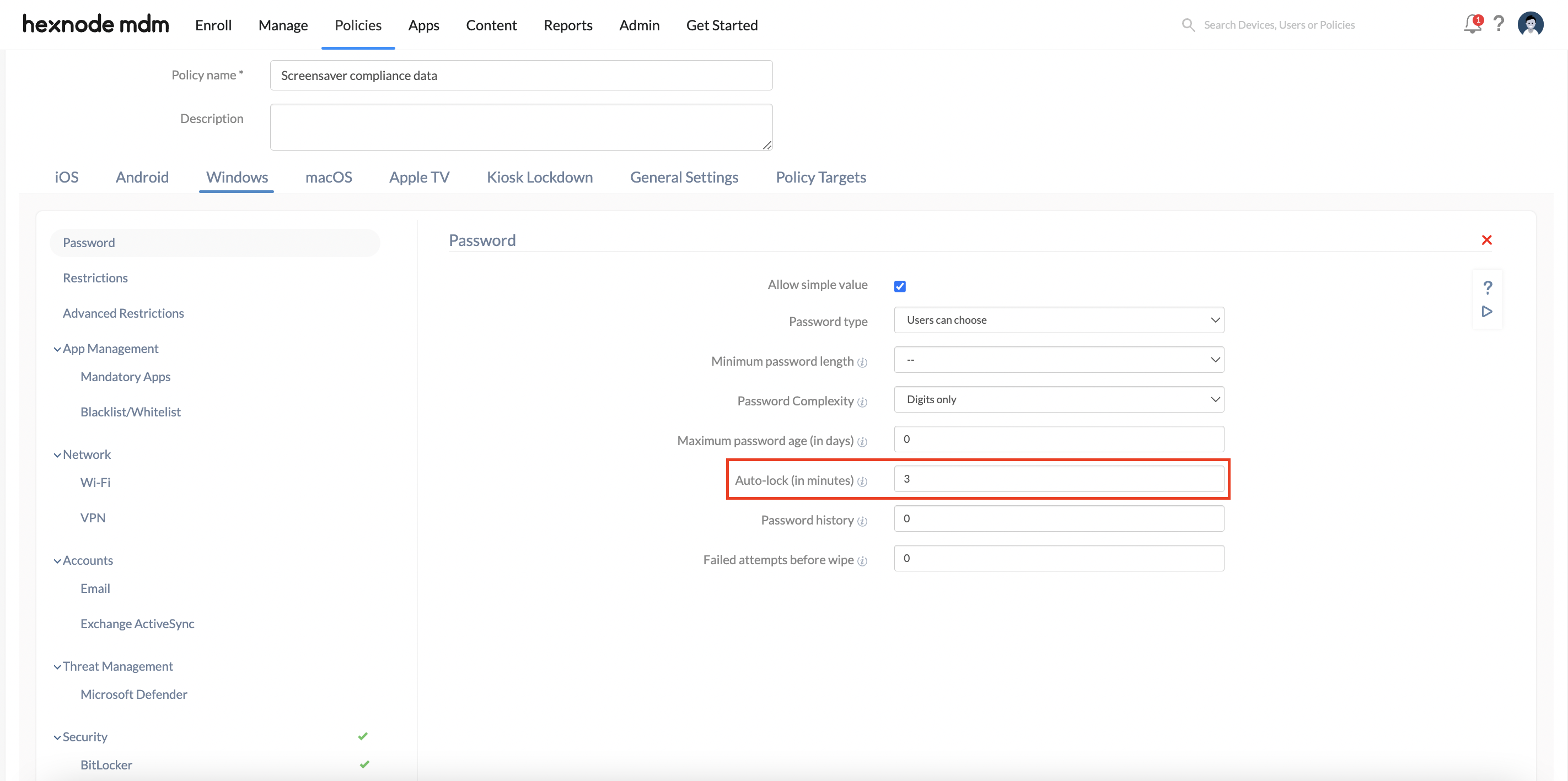 Configure the password policy in Hexnode portal