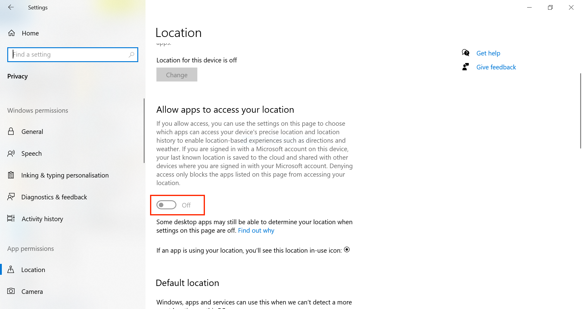 Turn off location services for apps on Windows