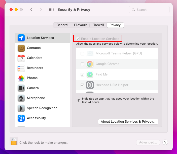 Location services enabled at the device end under Security & Privacy preferences