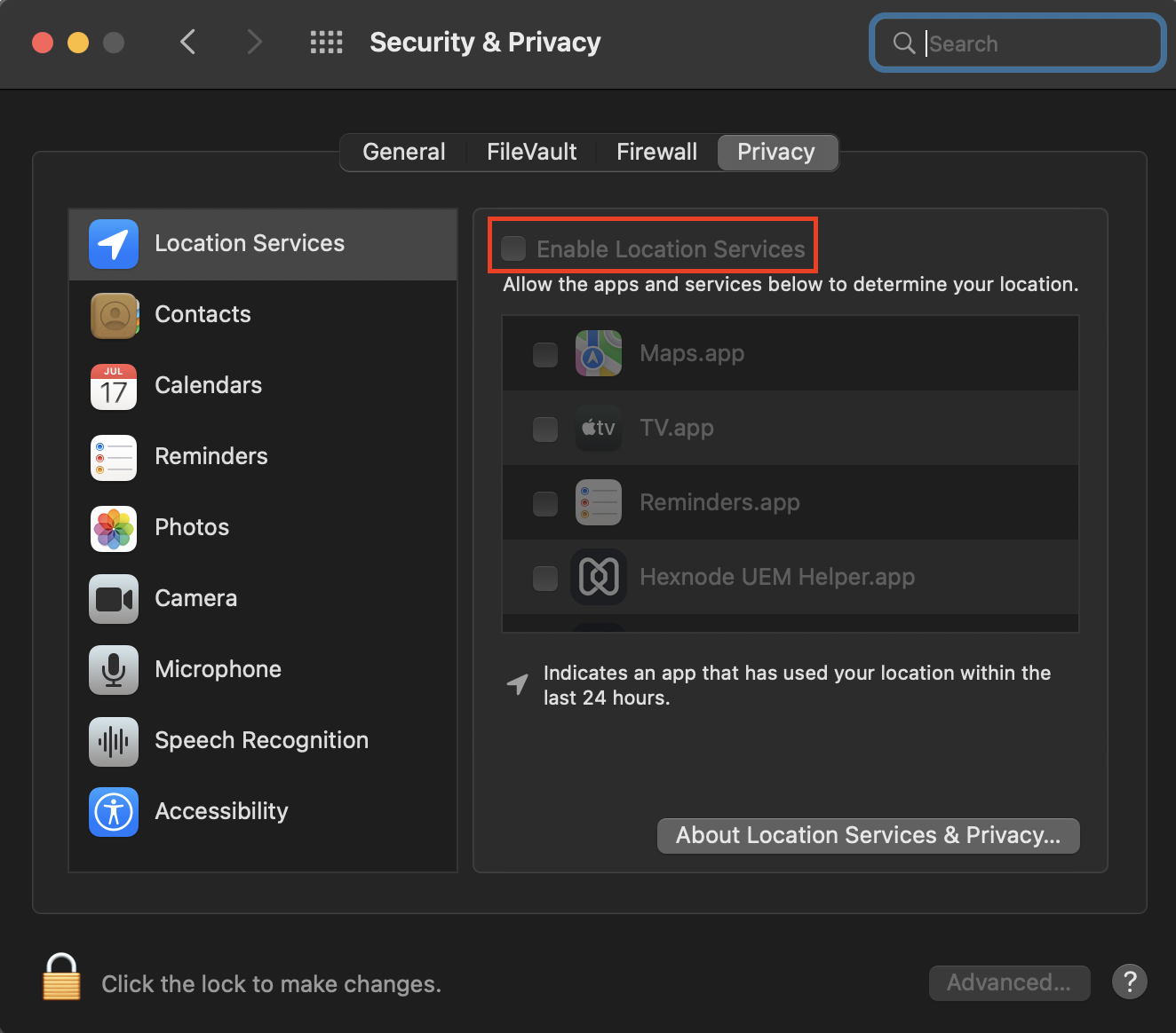 Location services disabled at the device end under Security & Privacy preferences