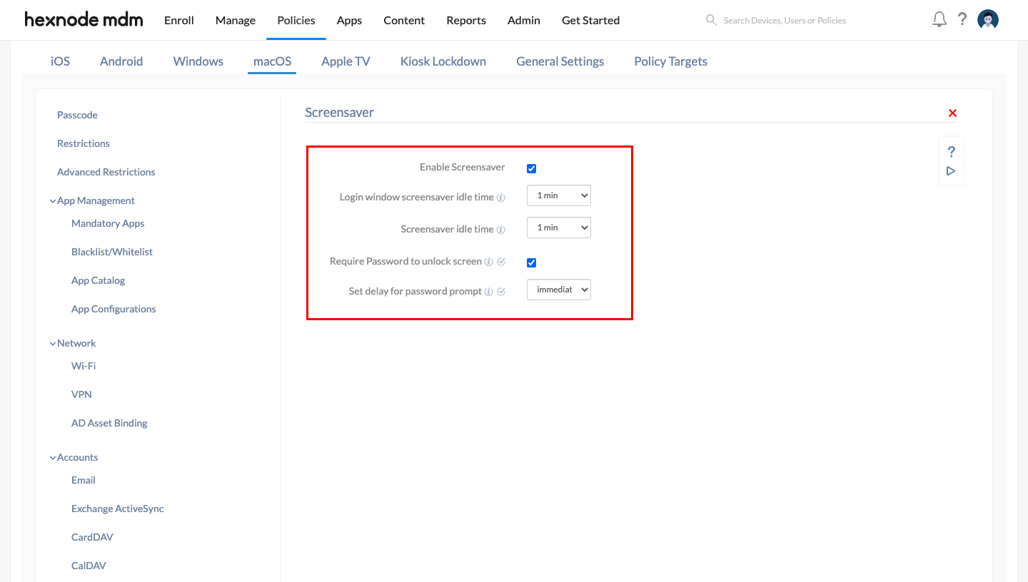 Screensaver policy configuration in Hexnode portal