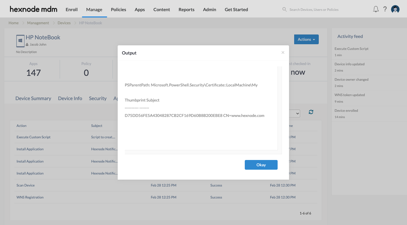 Create a new self-signed certificate The Thumbprint and the Subject of the certificate are displayed