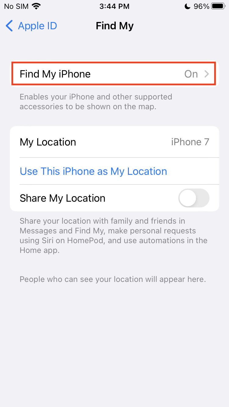 Enable/disable find my on iOS devices