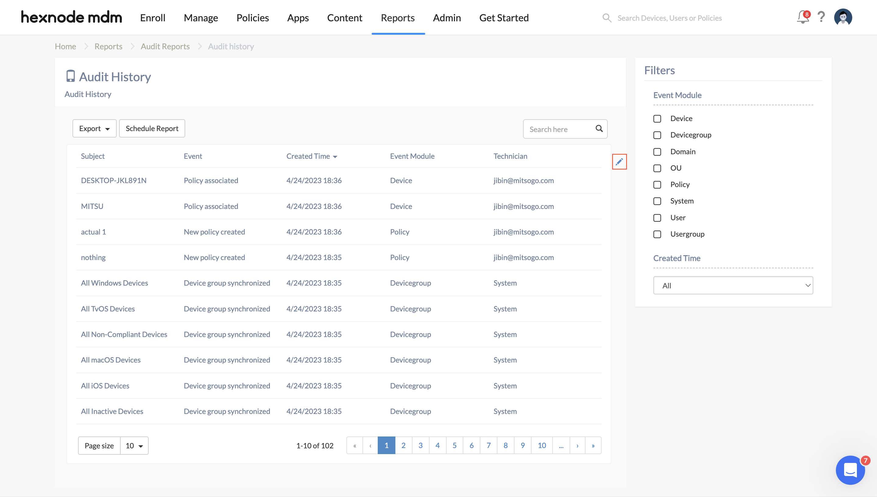 Audit History Report in the Hexnode UEM portal 
