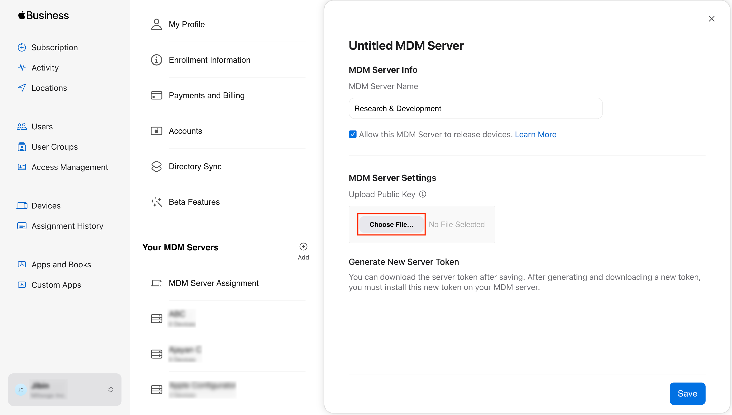 Add MDM server information from ABM account