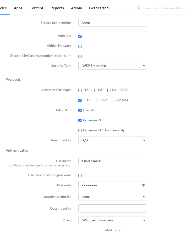 Set up wi-fi network enterprise mobile configuration on iOS devices with MDM