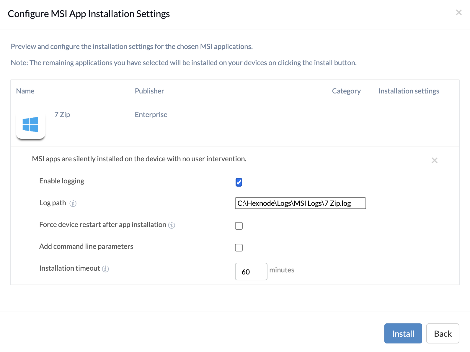 Configure MSI app installation settings