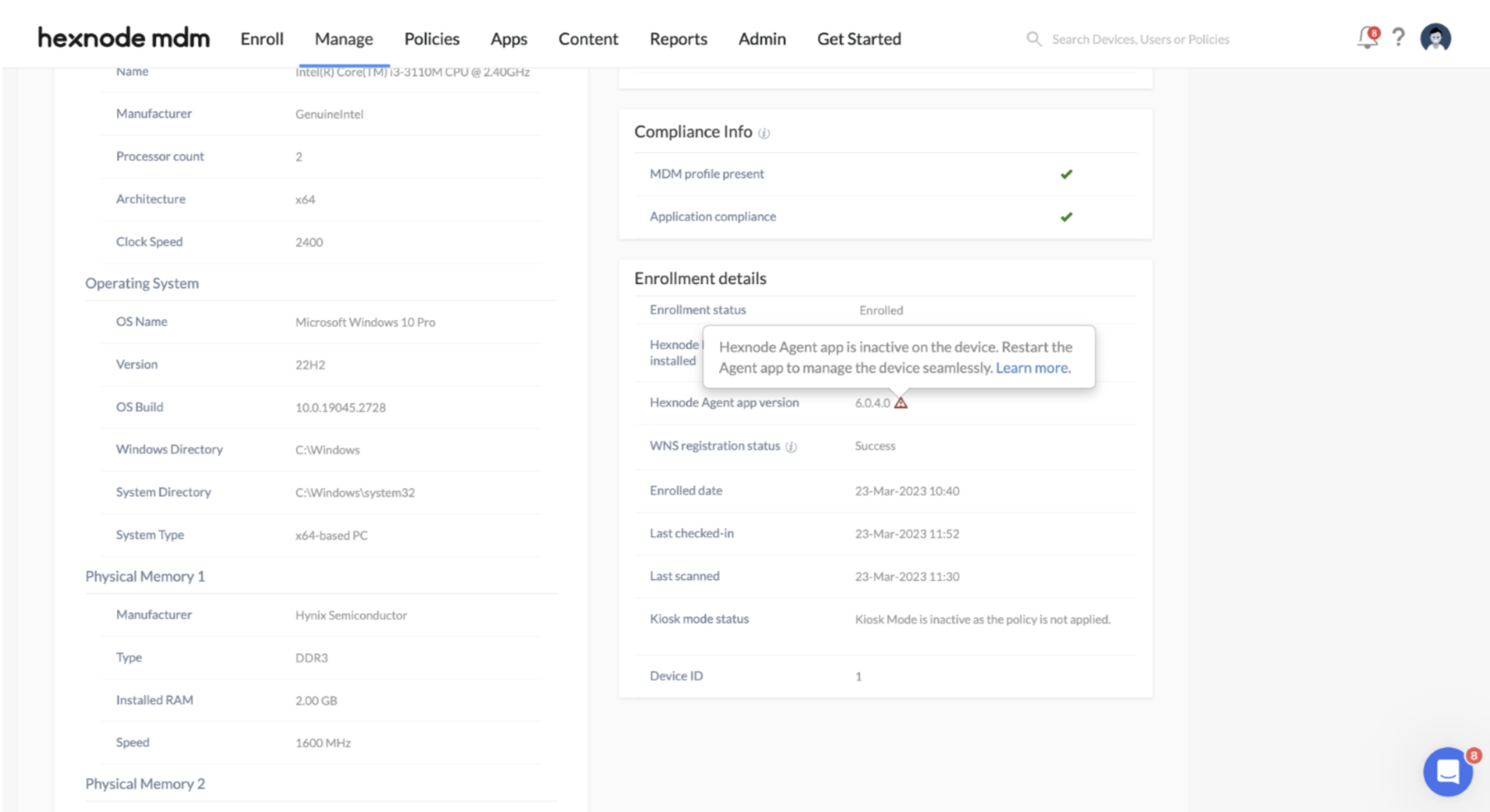Hexnode agent inactive status Hexnode agent status is displayed as inactive in the device details page