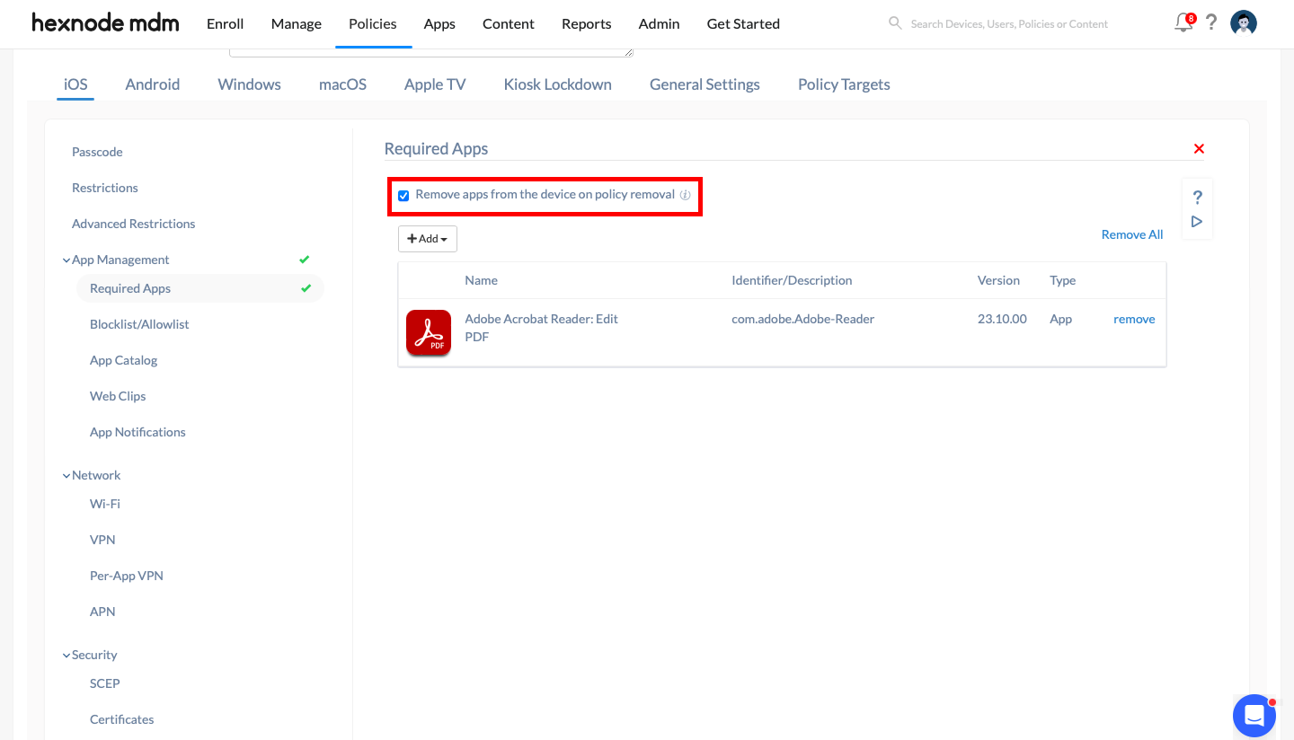 Apps that are pushed via the Required Apps policy should be removed from the device after the removal of the policy