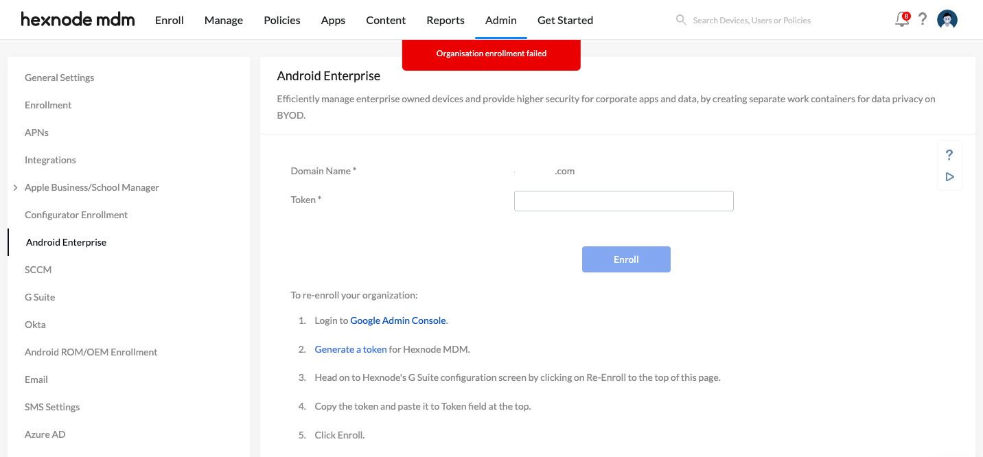 Organisation enrollment failed error while configuring Android Enterprise