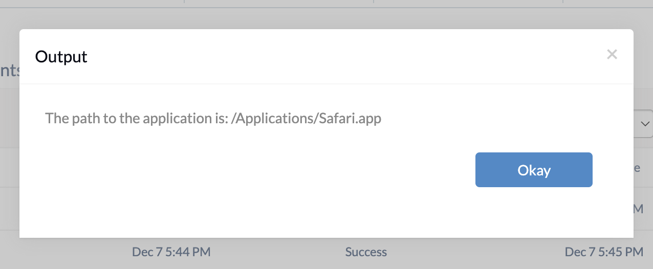 The action history tab in Hexnode UEM displays the retrieved path of the Safari app.