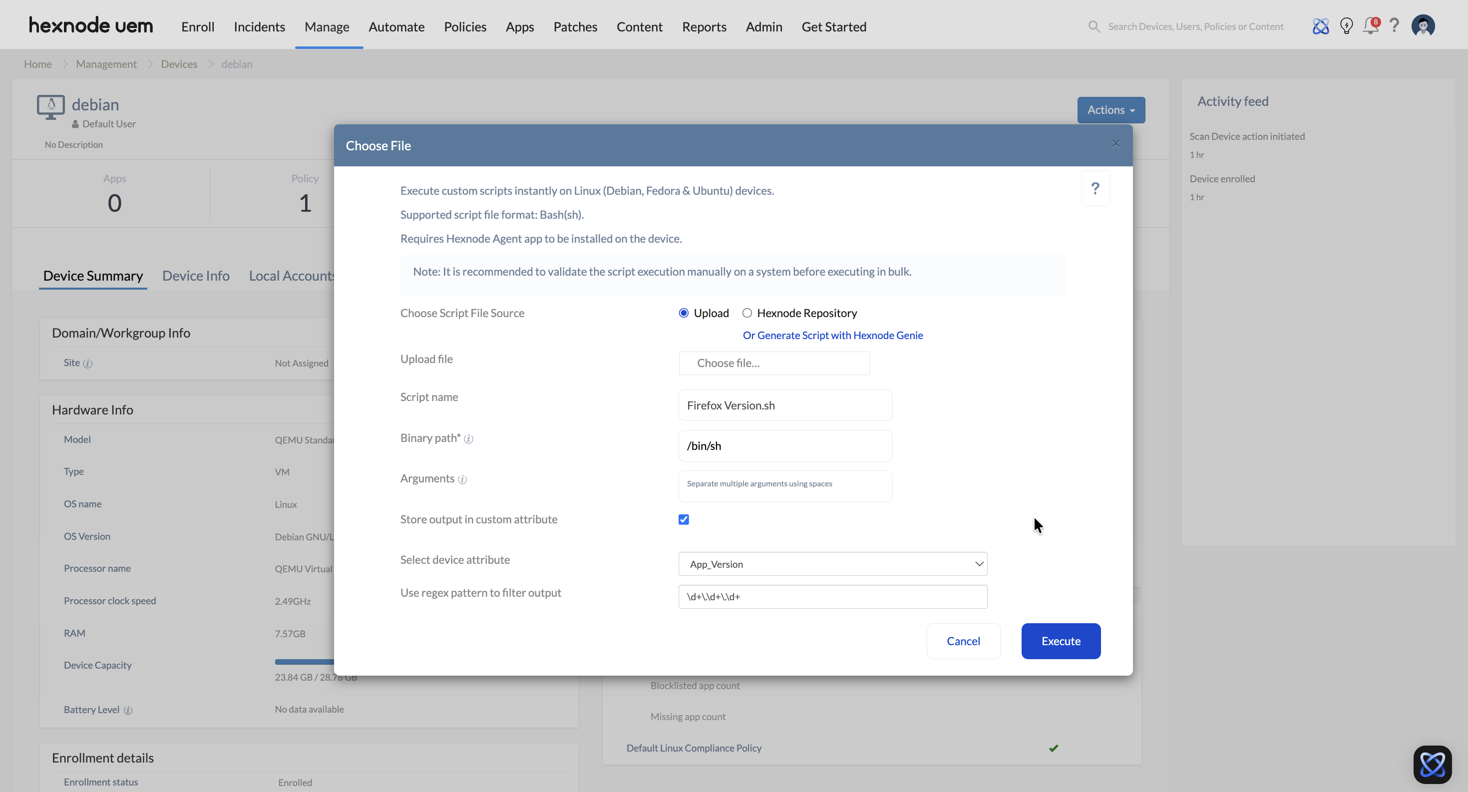 Screenshot of Hexnode UEM dashboard showing the Execute Custom Script remote action selected from the Actions dropdown menu in the Manage tab located between ‘Incidents’ and 'Automate’ tabs in the top navigation bar.