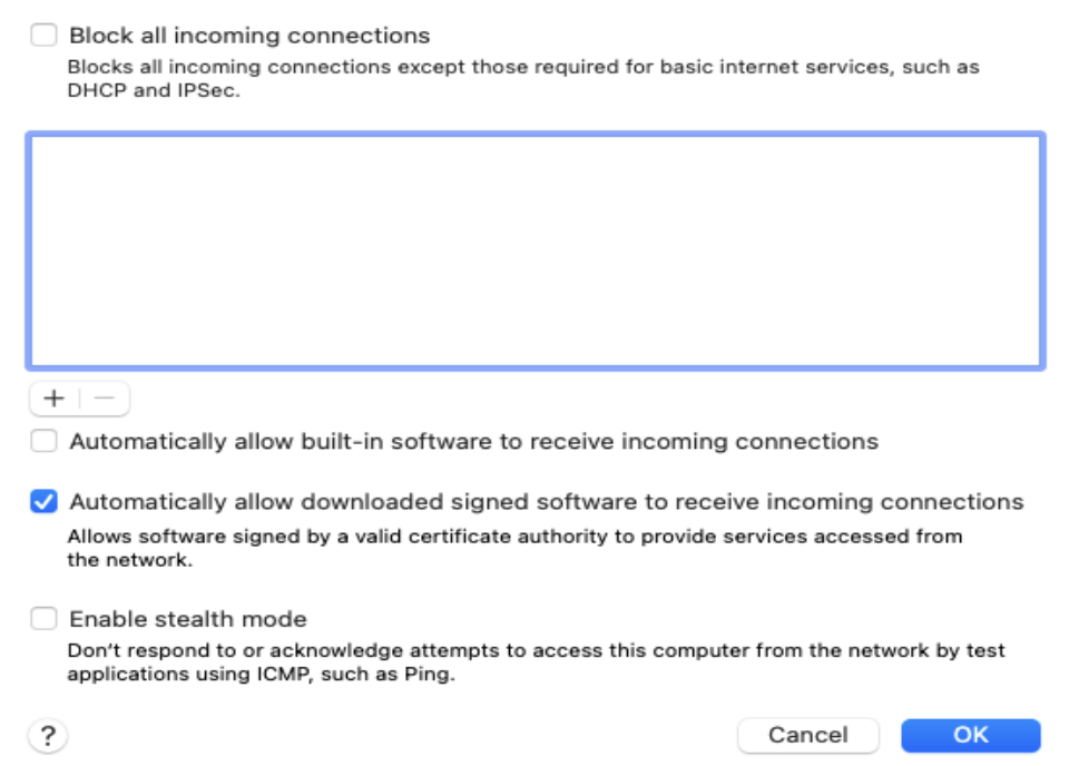 Firewall settings to receive incoming connections to downloaded signed software on the device end. Firewall settings to Allow downloaded signed software to receive incoming connections on the device end.