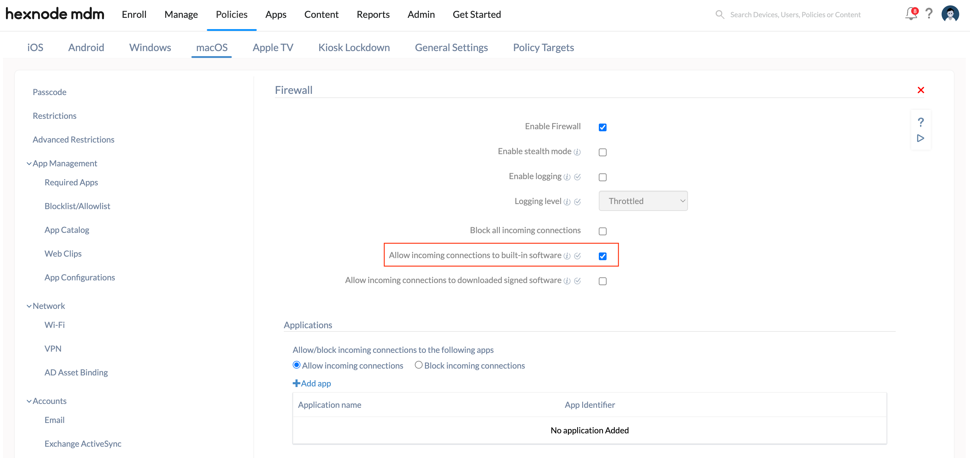 Firewall setting to allow incoming connections to the device's built-in software Option to permit incoming connections for the device's built-in software