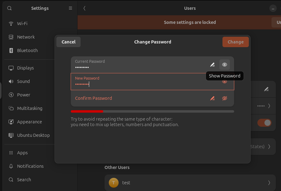 New password mismatch when it does not align with the password policy for Linux.