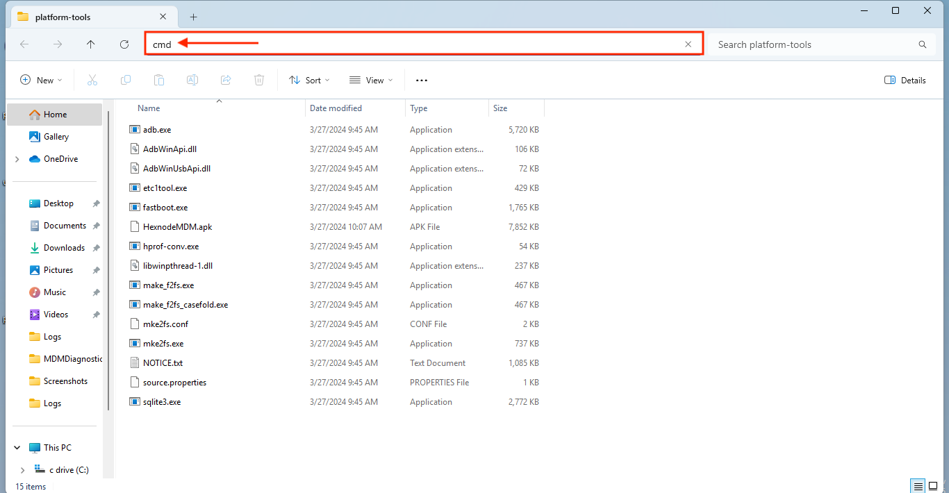 SDK tools folder’s address bar replaced with cmd to open the folder to execute ADB commands on Android devices
