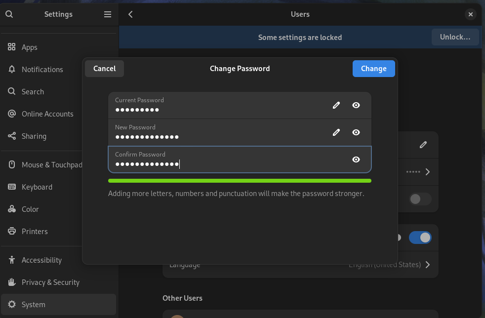 New password matches when it aligns with the password policy for Linux ensuring maximum security.