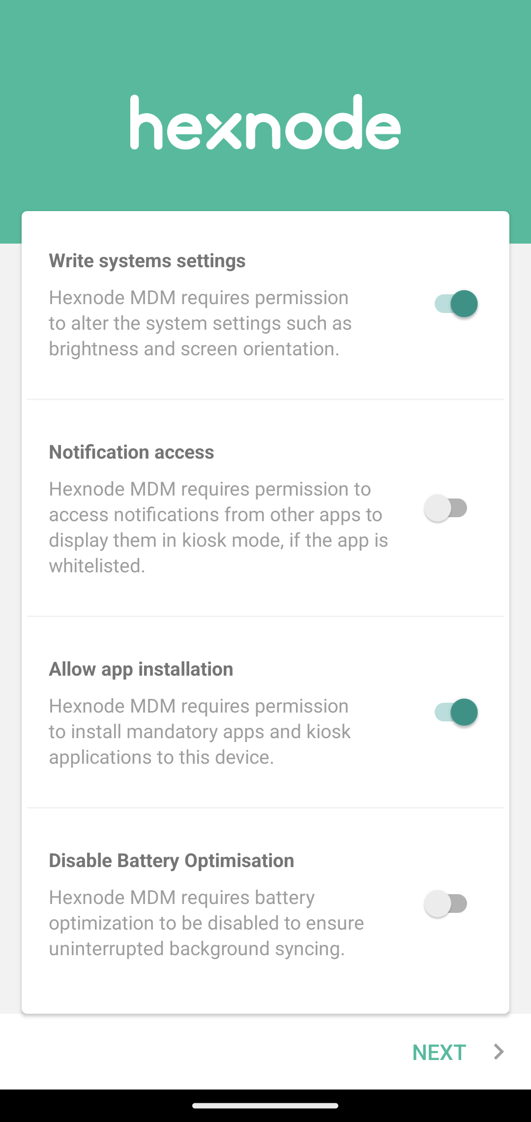 Enabling notification access in the Hexnode app permissions page