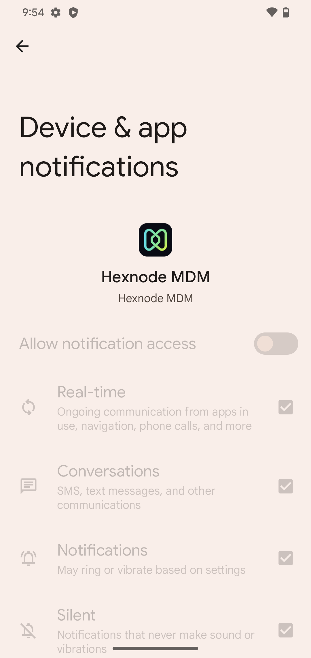 Allow notification access option is disabled under the Device & app notifications page of the Hexnode app