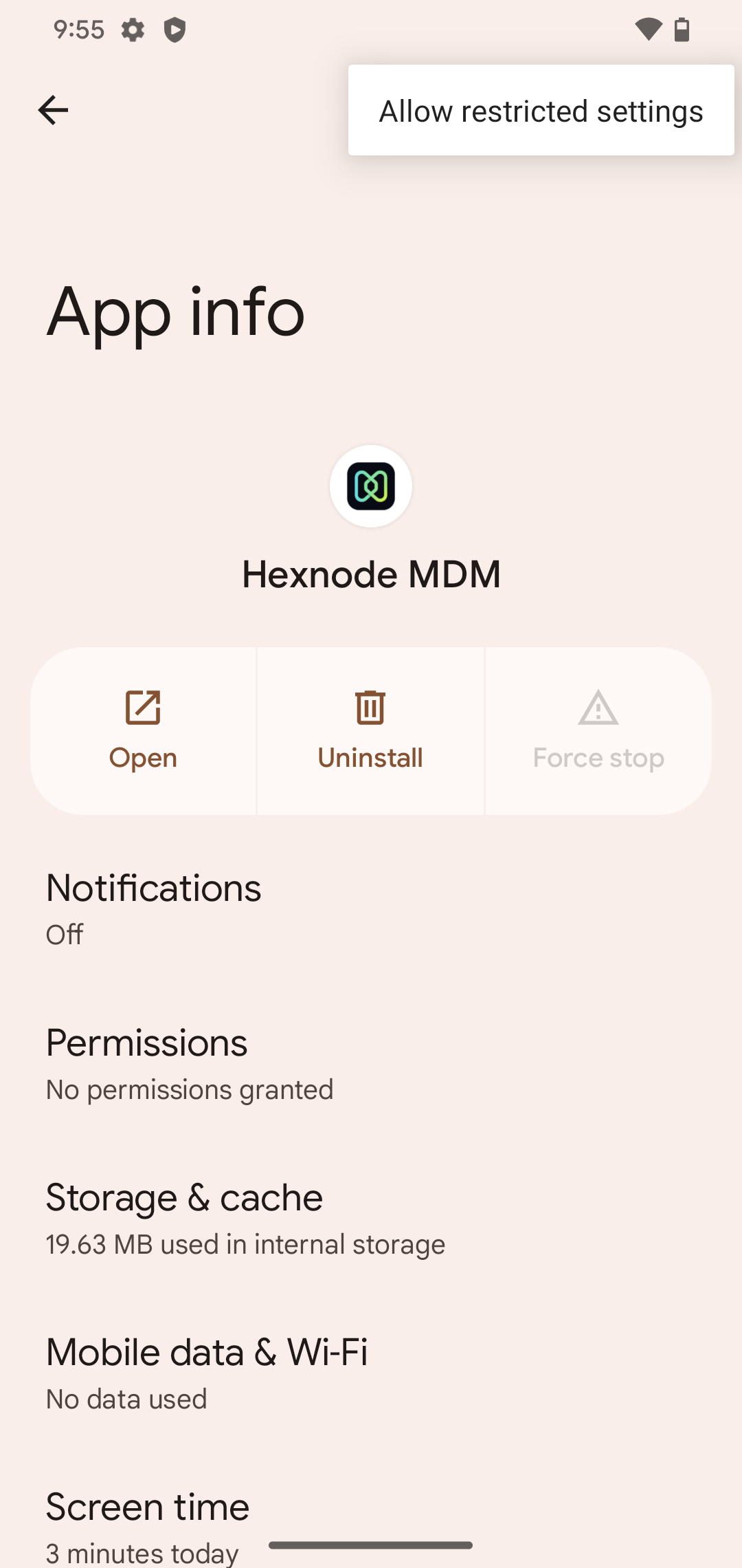 Select the Allow restricted settings option from the Hexnode App info page.