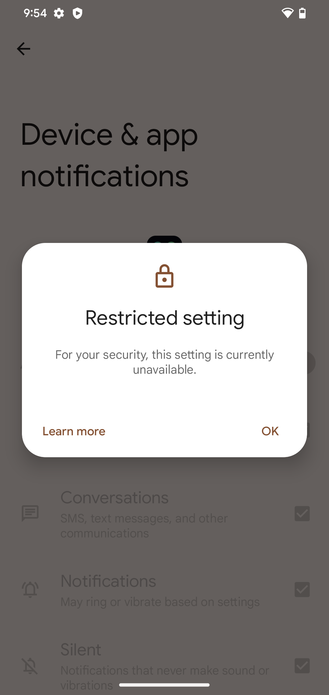 Restricted setting pop-up