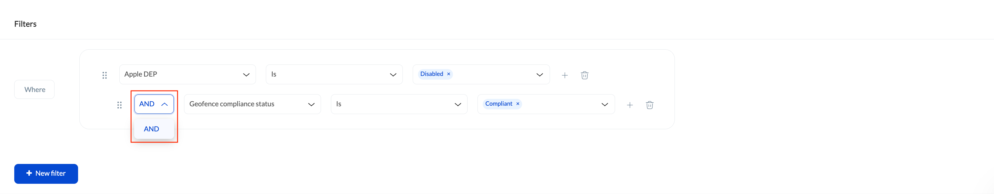Option to configure nested filters for deployments