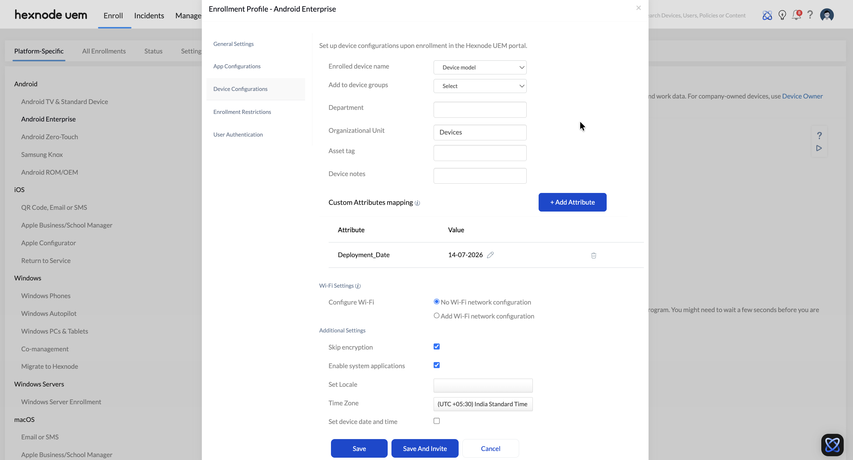 Screenshot of Hexnode UEM console showing Device Configurations settings while creating enrollment profile for Android Enterprise devices. This interface is accessed by navigating from the Enroll menu to Platform-Specific and selecting Android Enterprise to access the Enrollment Profiles section.