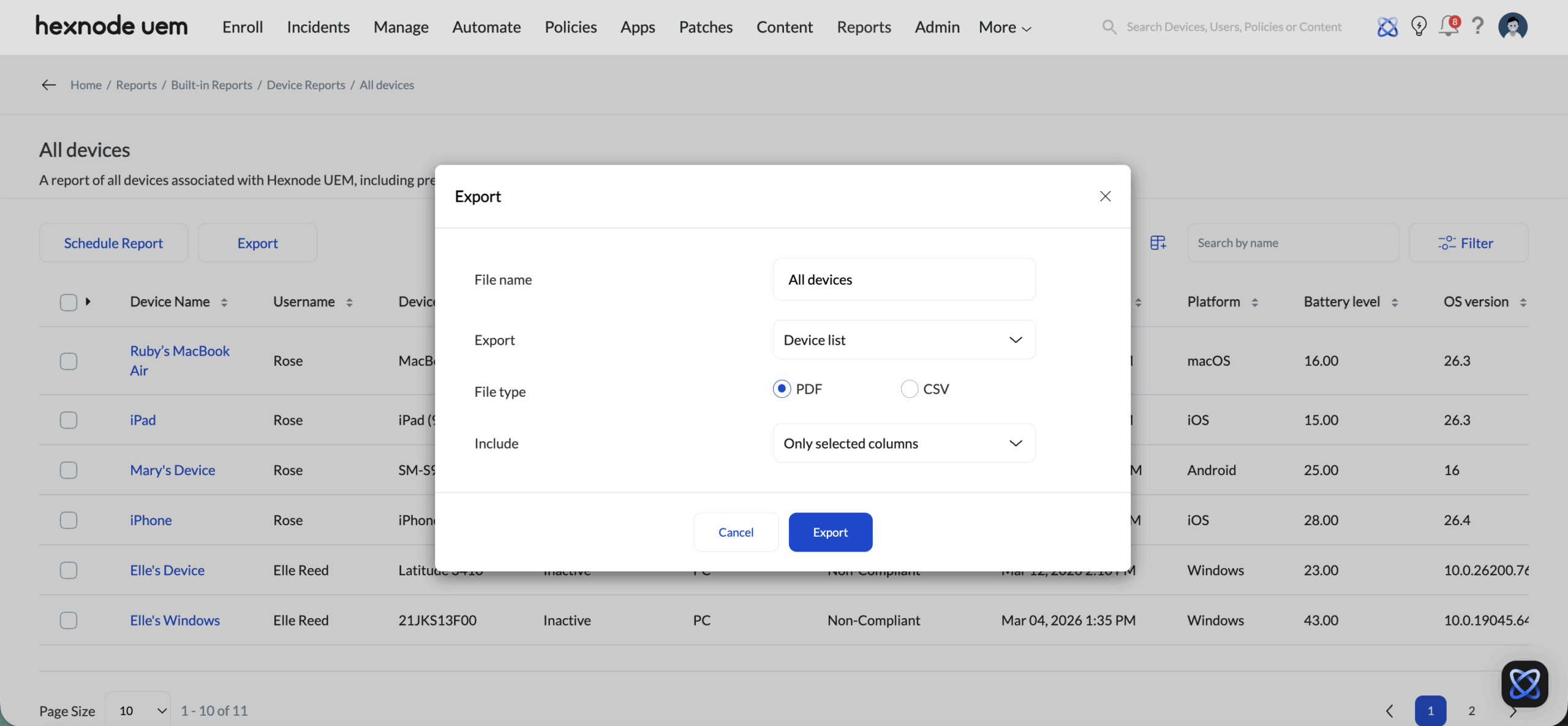 A screenshot of the export customization menu, where you can change the file name, choose a file type, and select which columns to include before downloading your report.