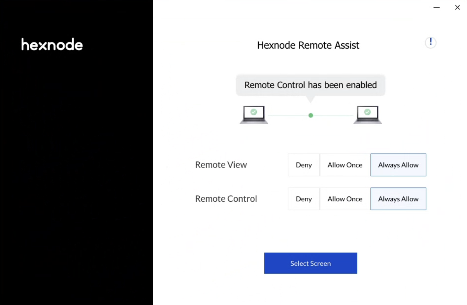 Grant permission for remote view and remote control on Hexnode Assist app Grant permissions to start a remote view/control session