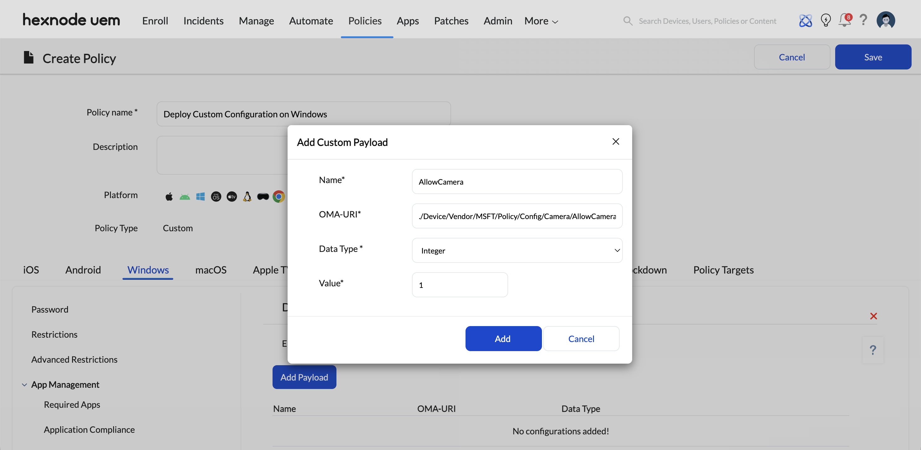 Screenshot of the Hexnode UEM console highlighting the Policies tab, located between the Automate and Apps tabs, displaying the addition of a custom payload within a custom configuration for Windows.