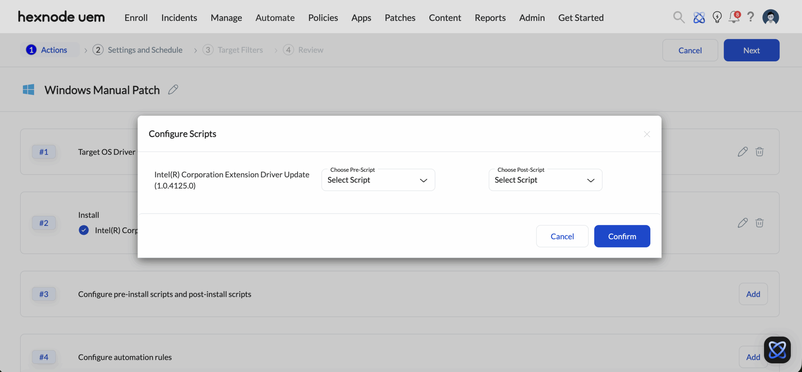 Screenshot of Configure Scripts modal window in Hexnode UEM Automate tab displaying dropdown fields to select pre-scripts and post-scripts for the targeted Windows patch.