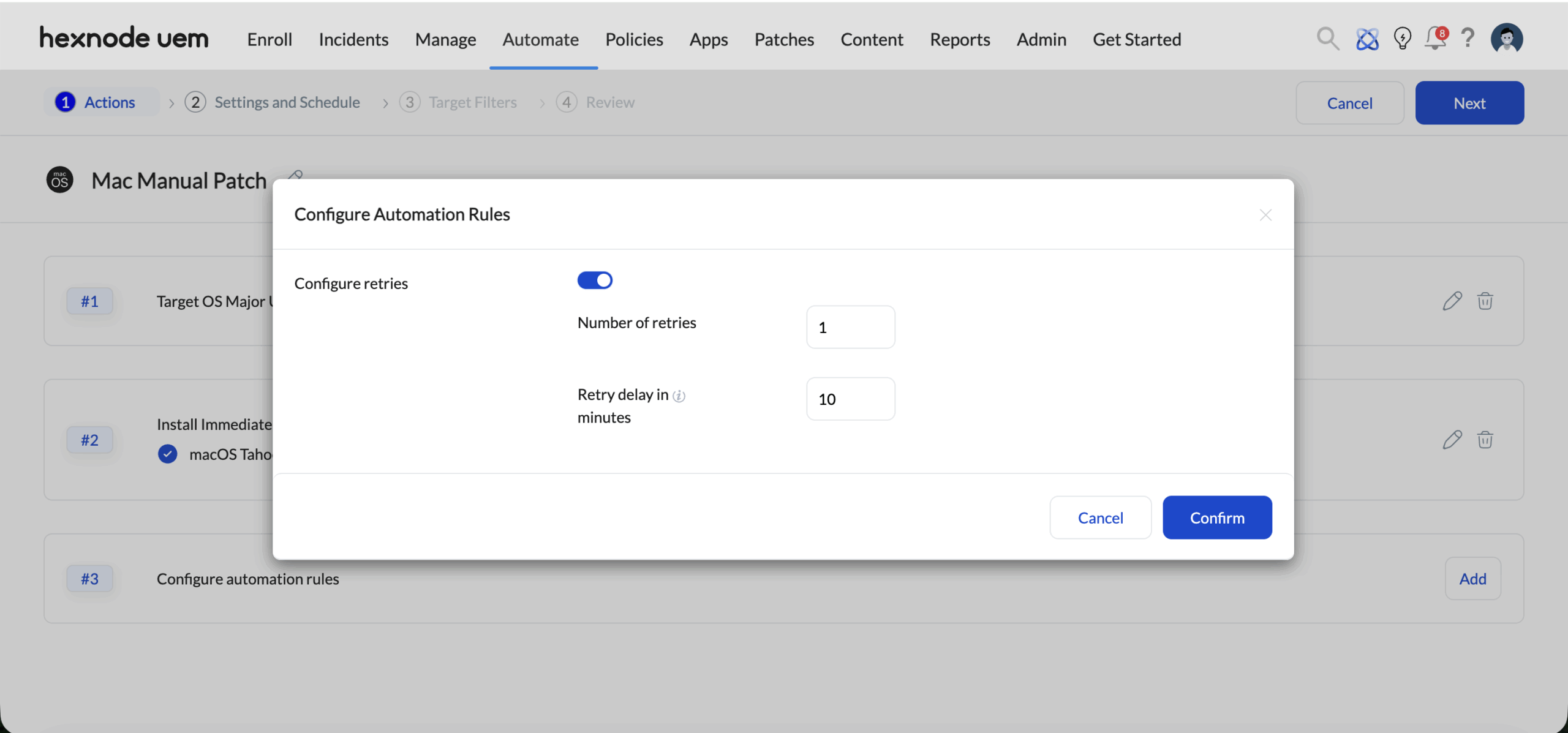 Screenshot of Configure Automation Rules modal window in Hexnode UEM Automate tab showing the Configure retries toggle enabled with input fields for Number of retries and Retry delay in minutes.