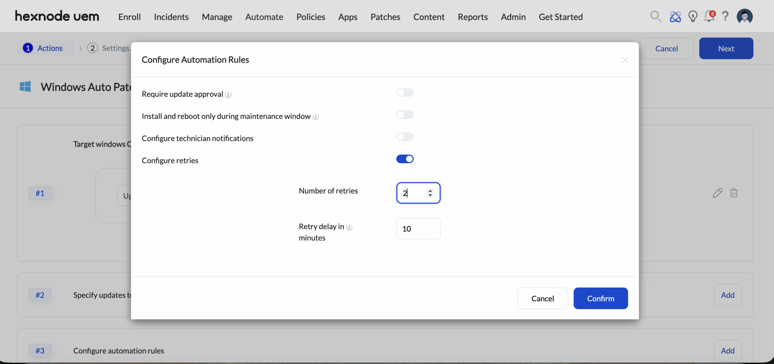 Screenshot of Configure Automation Rules modal window in Hexnode UEM Automate tab showing the Configure retries toggle enabled with input fields for Number of retries and Retry delay in minutes.