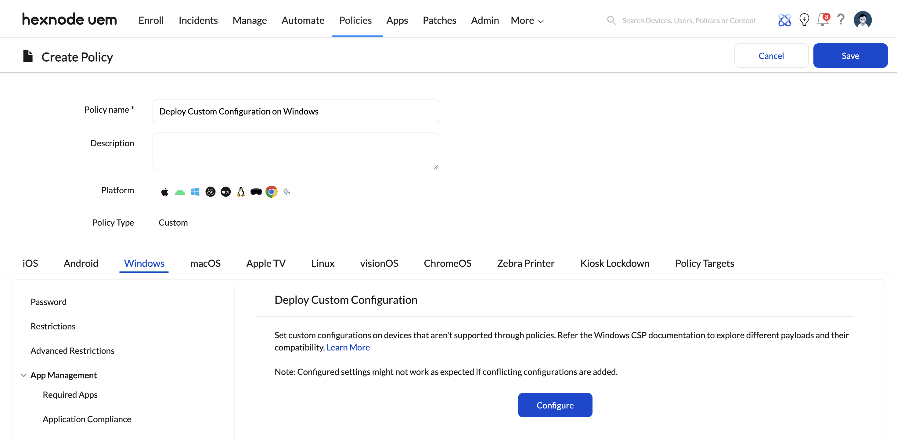 Screenshot of the Hexnode UEM console displaying the Policies tab, situated between the Automate and Apps tabs, illustrating the configuration of a custom deployment policy for Windows.