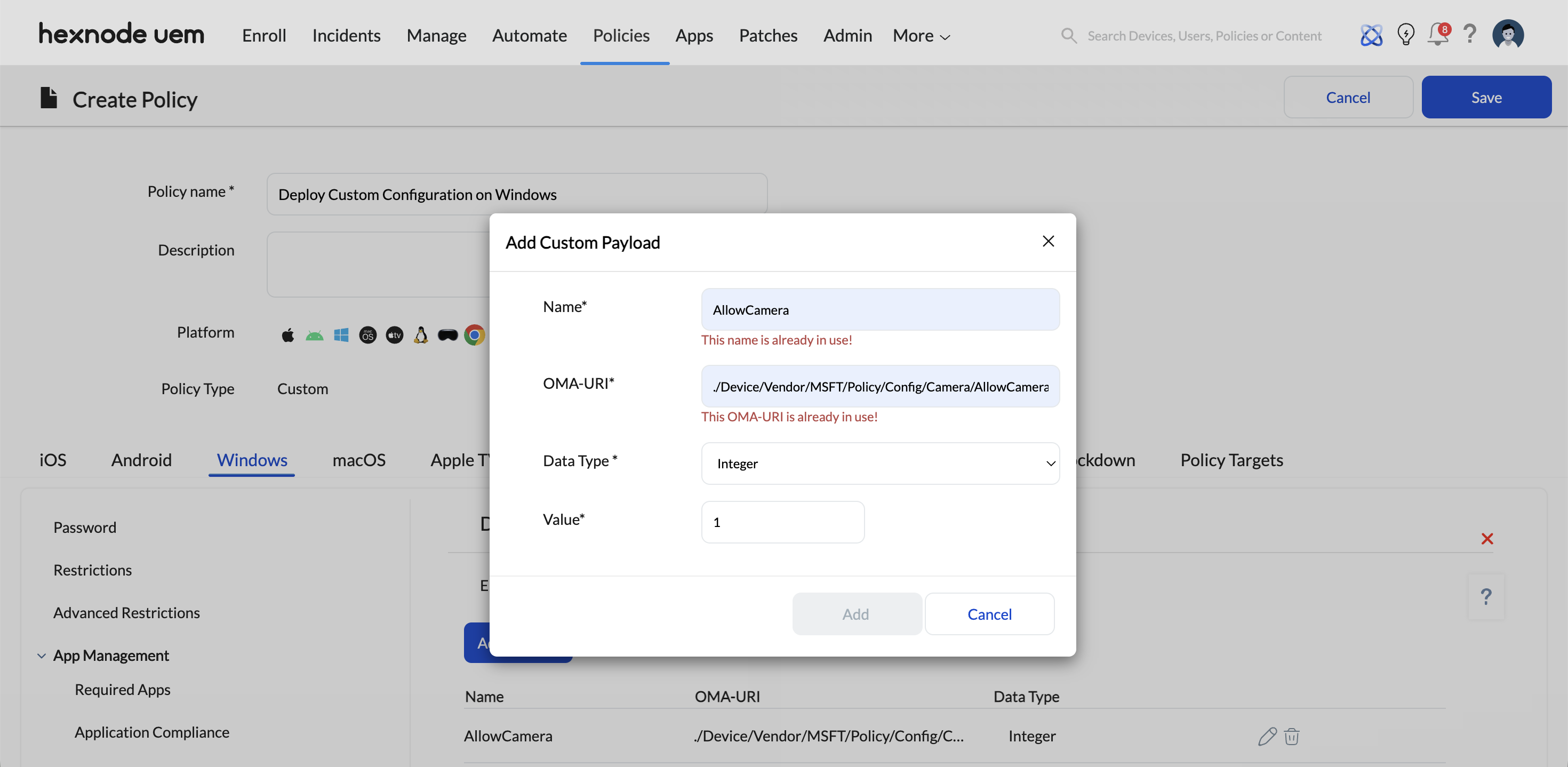 Screenshot of the Policies tab, located between the Automate and Apps tab, showing the error when name or OMA-URI is reused in the deploy custom configuration for Windows policy.