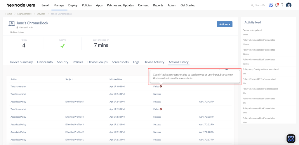 Error message when Take Screenshot action fails.