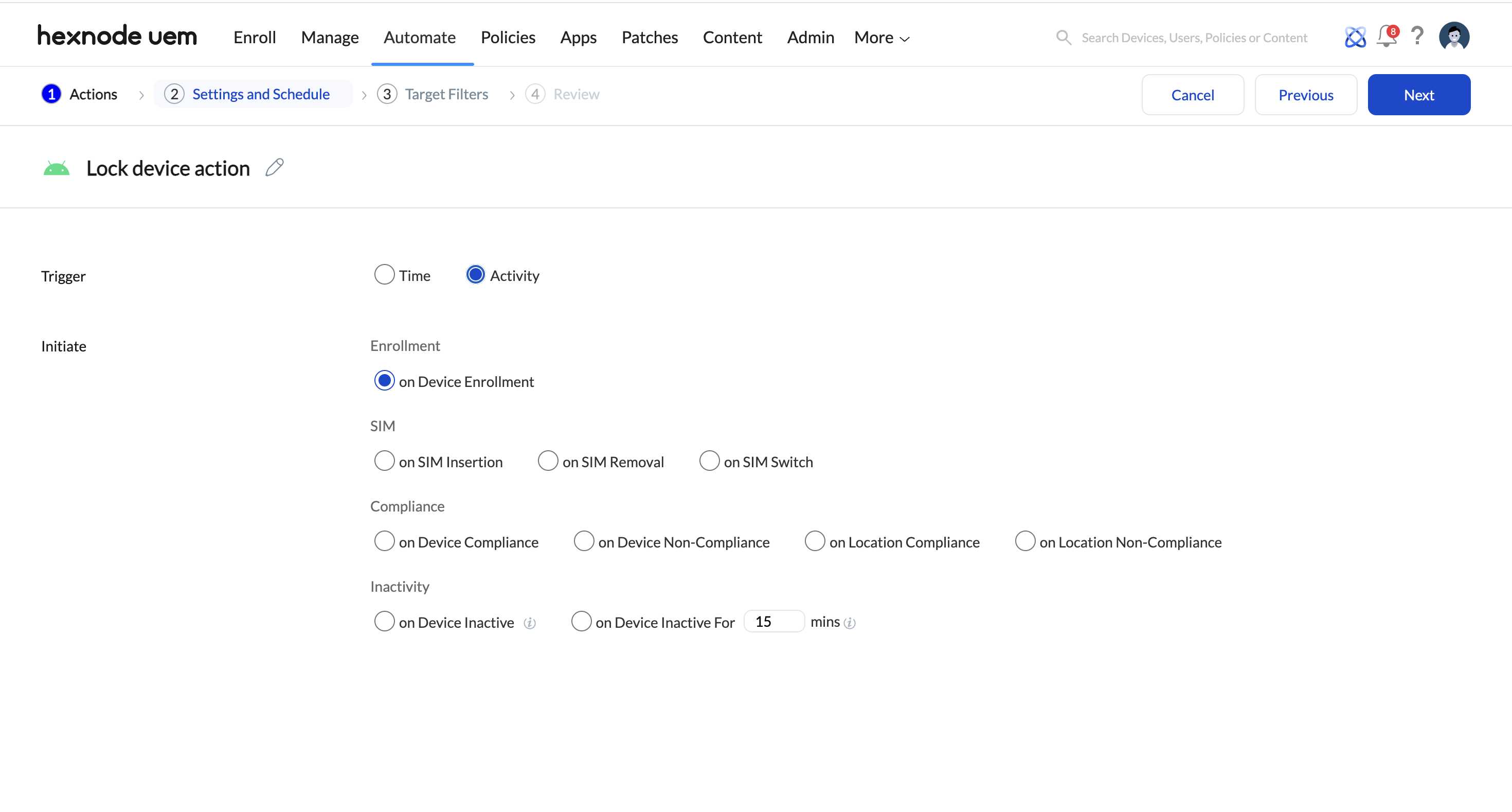 Screenshot of Hexnode UEM dashboard showing activity-based triggers and conditions to automate device management under the Automate tab.