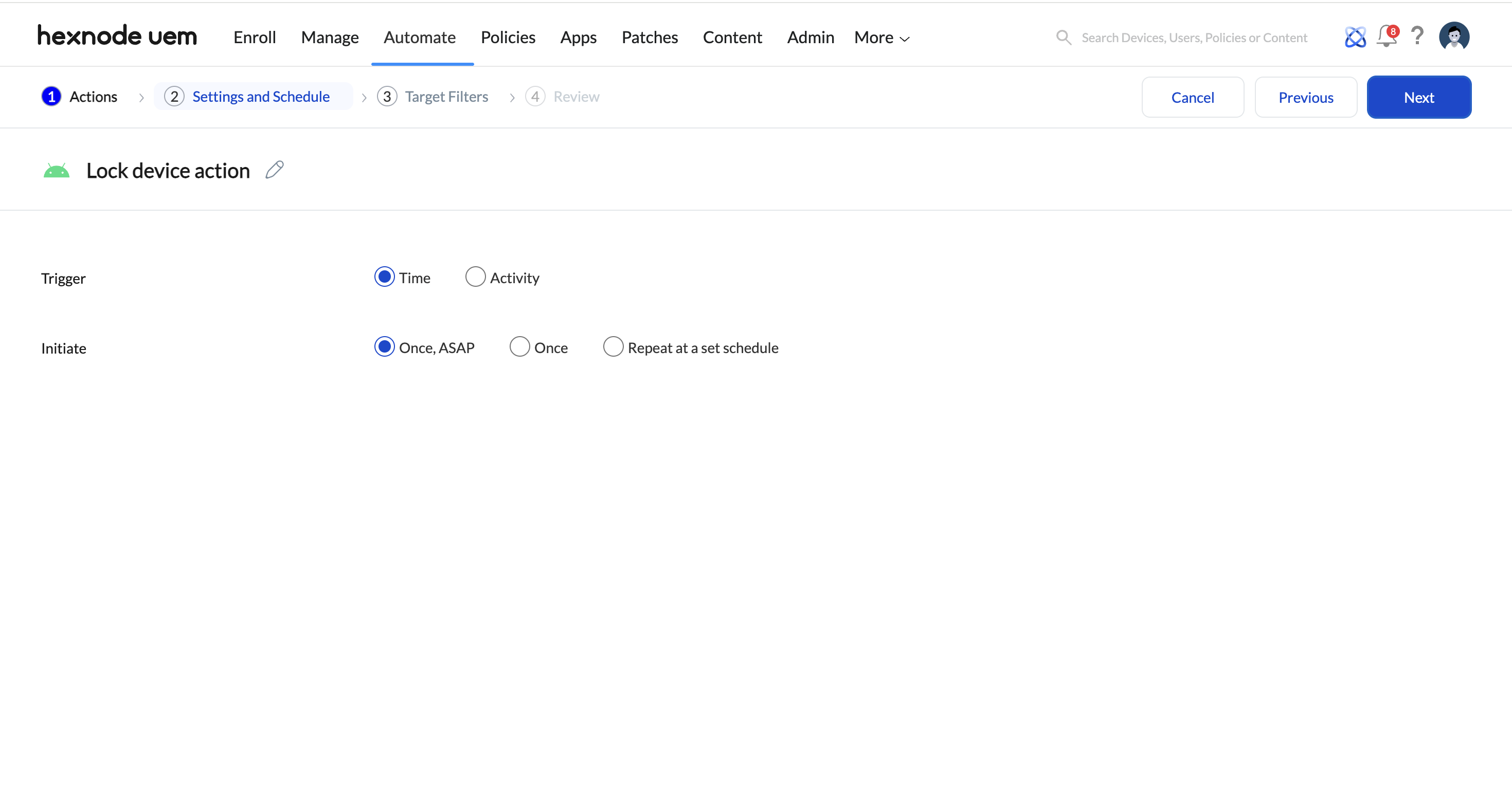 Screenshot of Hexnode UEM dashboard showing time-based triggers and conditions to automate device management under the Automate tab.