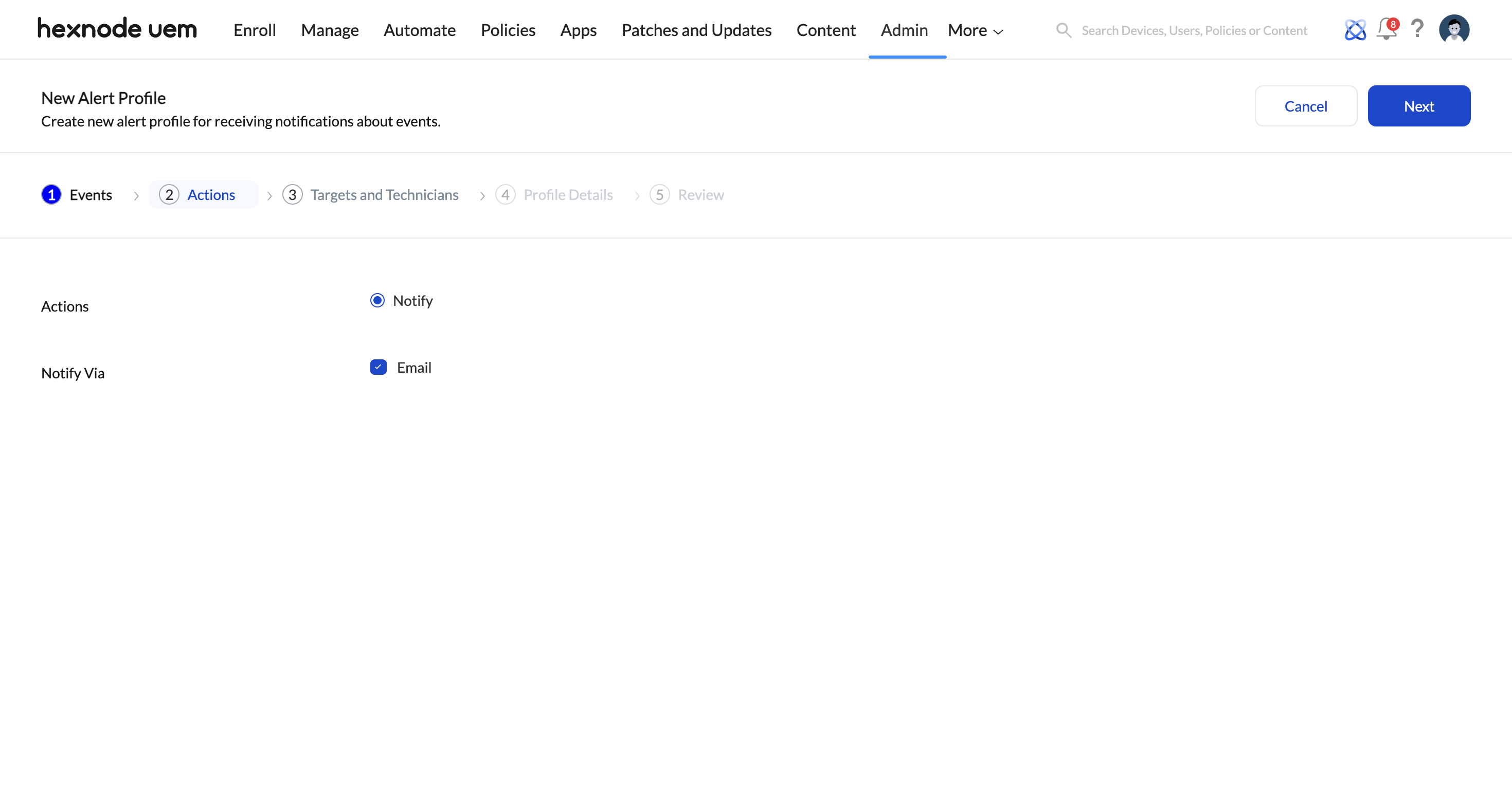 Configuring actions to alert technicians.