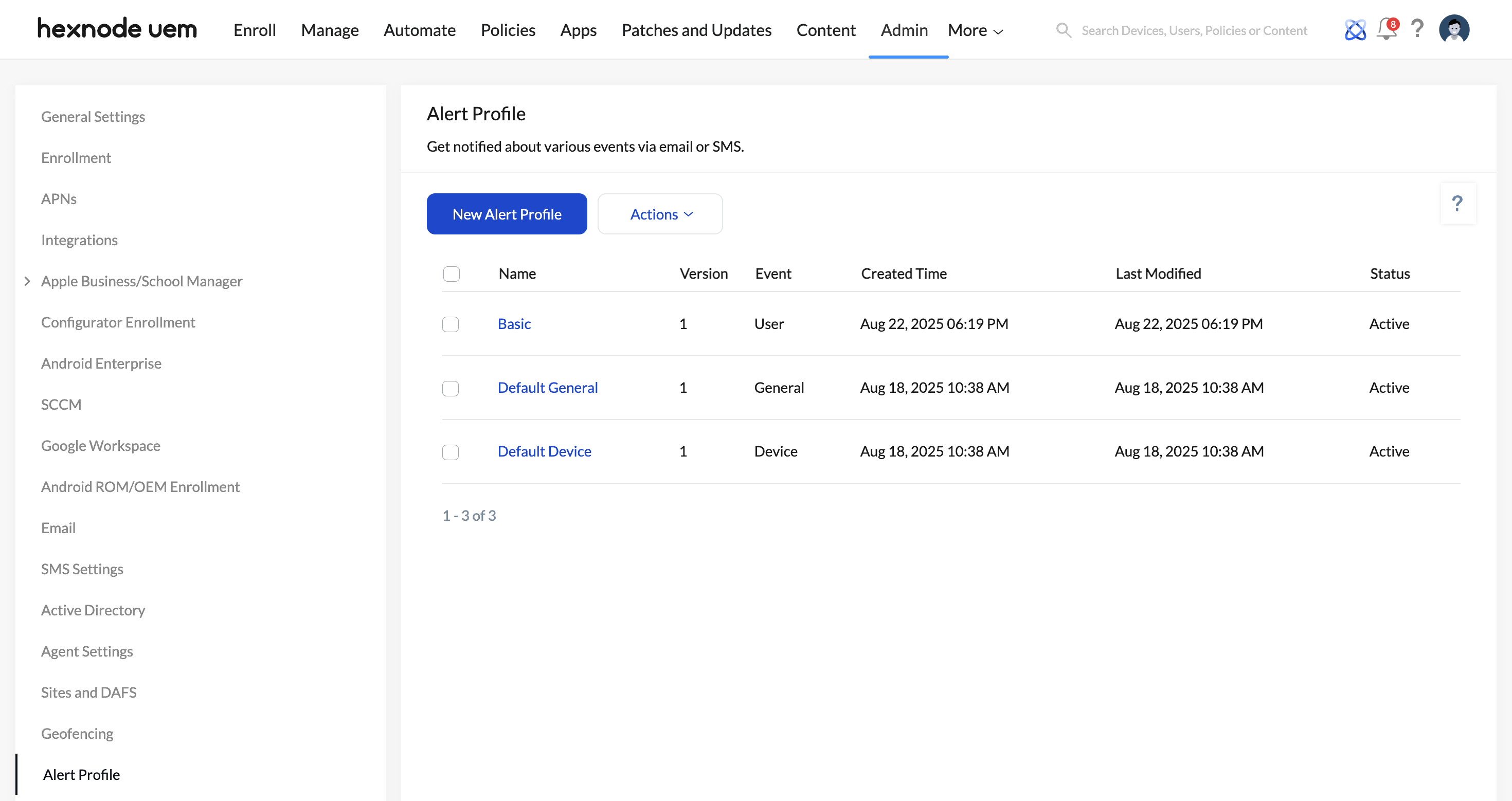 List of alert profiles in the Admin tab of Hexnode UEM.